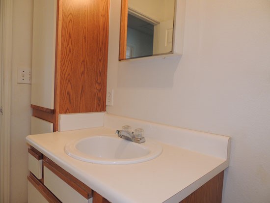 Fox Creek Apartments model bath vanity with storage space