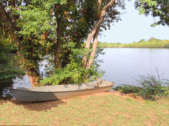 Riverbend boat entrance into big lake, surrounded by trees